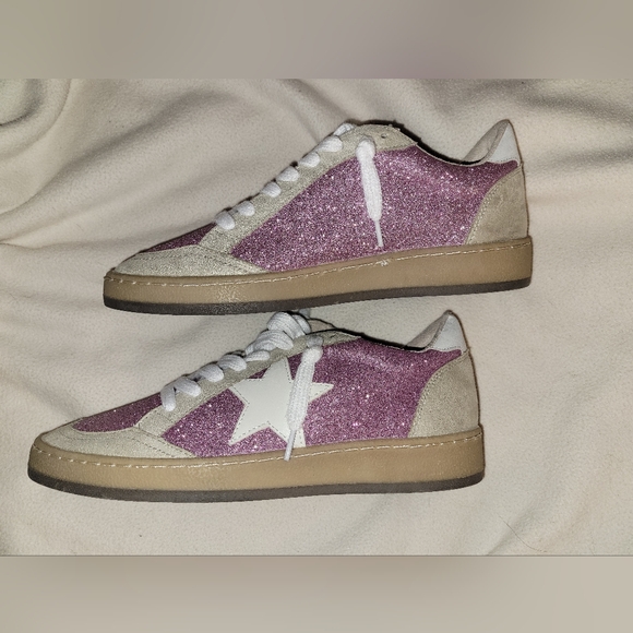ShuShop Piera Pink Glitter Sneakers Retro-inspired Low-top White Star 8.5 NWOT - Picture 3 of 10